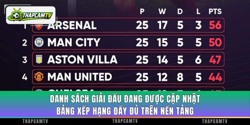 Danh sách giải đấu đang được cập nhật bảng xếp hạng đầy đủ trên nền tảng